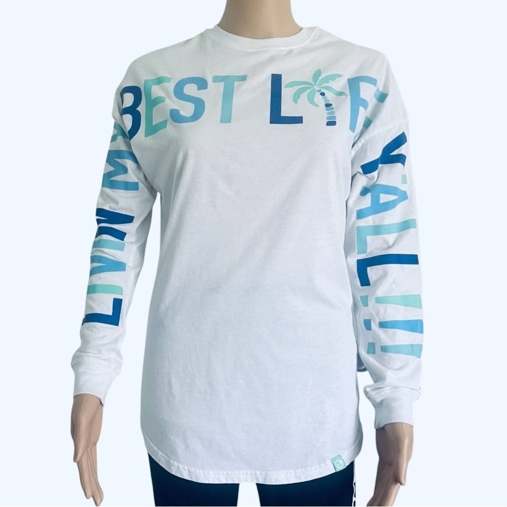 MarleyLilly casual white graphic top shirt XS long sleeve 
round neck logo
